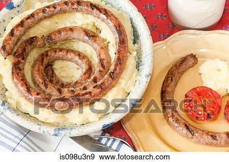 Toulouse sausage with mashed potato View Large Photo Image Stock Photo - Toulouse sausage with mashed potato. Fotosearch