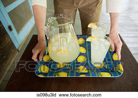 Stock Image - Mature woman with tray of lemonade. Fotosearch