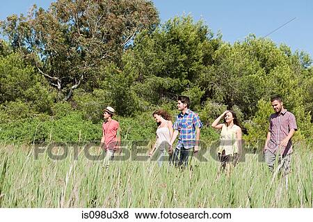 Young friends walking through field View Large Photo Image Stock Photo - Young friends walking through field. Fotosearch