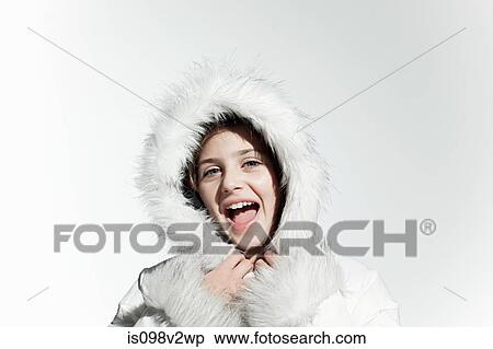 Girl wearing a white coat with fur hood View Large Photo Image Stock Photography - Girl wearing a white coat with fur hood. Fotosearch