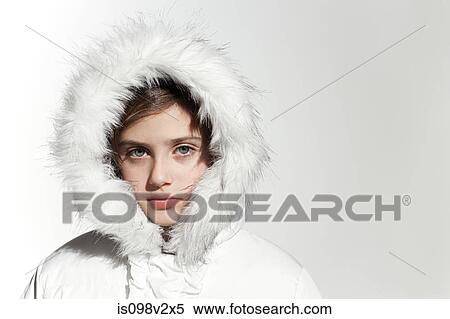 Girl wearing a white coat with fur hood View Large Photo Image Stock Photography - Girl wearing a white coat with fur hood. Fotosearch
