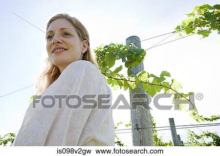 Mid adult woman in vineyard with vines View Large Photo Image Stock Photo - Mid adult woman in vineyard with vines. Fotosearch