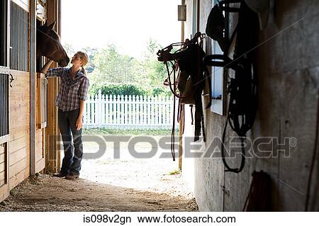 Mid adult woman with horse in stable View Large Photo Image Picture - Mid adult woman with horse in stable. Fotosearch
