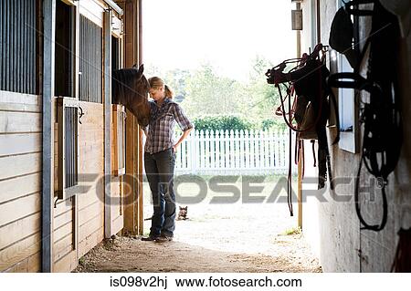 Mid adult woman with horse in stable View Large Photo Image Stock Image - Mid adult woman with horse in stable. Fotosearch
