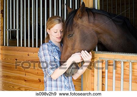 Mid adult woman with horse in stable View Large Photo Image Stock Photo - Mid adult woman with horse in stable. Fotosearch
