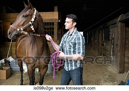 Stock Image - Young man with horse at stable. Fotosearch