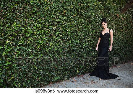 Young woman wearing black evening dress, standing by hedge View Large Photo Image Stock Photography - Young woman wearing black evening dress, standing by hedge. Fotosearch