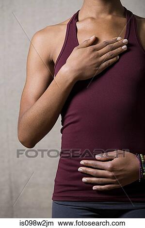 Women breathing deeply, touching chest and abdomen View Large Photo Image Picture - Women breathing deeply, touching chest and abdomen. Fotosearch