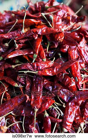 Stock Photo - Dried Red Chillies in a market in Mysore, Karnataka. Fotosearch