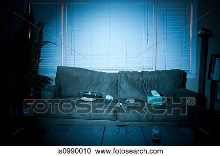 Empty sofa with box of tissues and popcorn View Large Photo Image Stock Image - Empty sofa with box of tissues and popcorn. Fotosearch