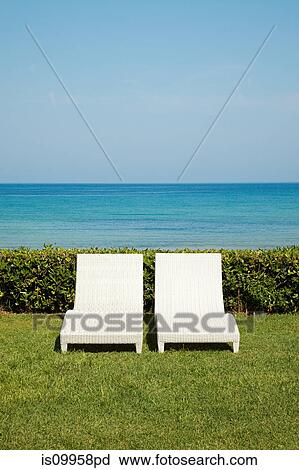 Stock Image - Two empty white sun loungers on grass. Fotosearch