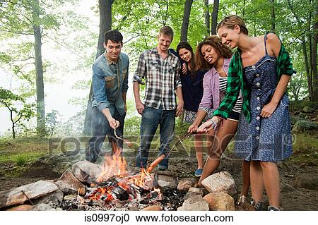 Stock Image - Friends cooking over campfire in forest. Fotosearch