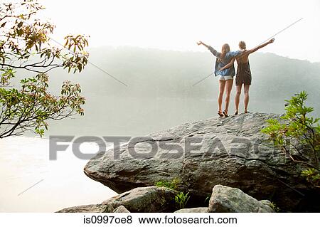 Young women looking out over lake View Large Photo Image Stock Photo - Young women looking out over lake. Fotosearch