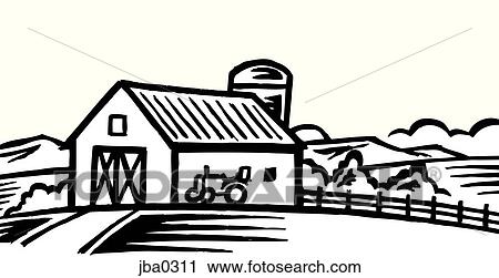 Clip Art - barn and tractor b&w. Fotosearch