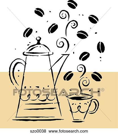 Coffee pot, coffee beans, coffee cup View Large Illustration Stock Illustration - Coffee pot, coffee beans, coffee cup. Fotosearch