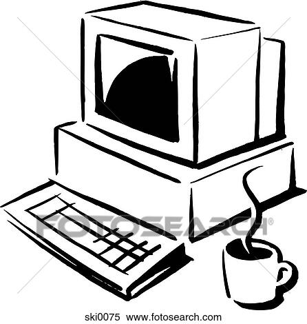 Stock Illustration - computer and morning coffee b&w. Fotosearch