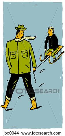 Stock Illustration - dad pulling son on a sled. Fotosearch