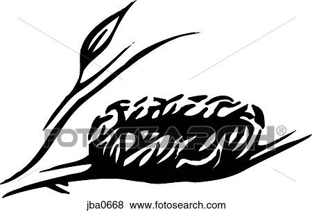 Stock Illustration - empty nest on a branch b&w. Fotosearch