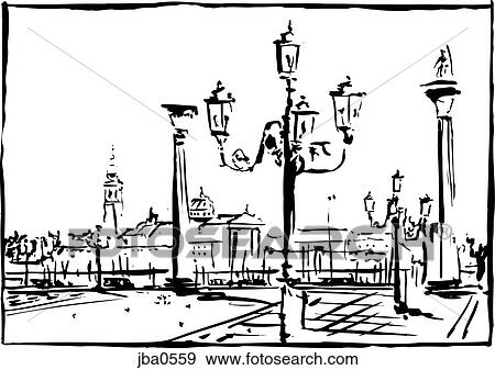 european street scene b&w View Large Illustration Stock Illustration - european street scene b&w. Fotosearch