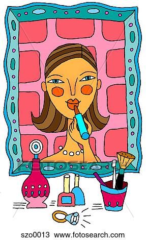 Drawing - girl applying lipstick. Fotosearch
