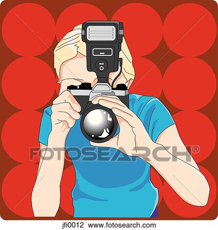 Drawing - girl with camera. Fotosearch