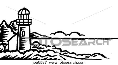 Stock Illustration - lighthouse and house b&w. Fotosearch