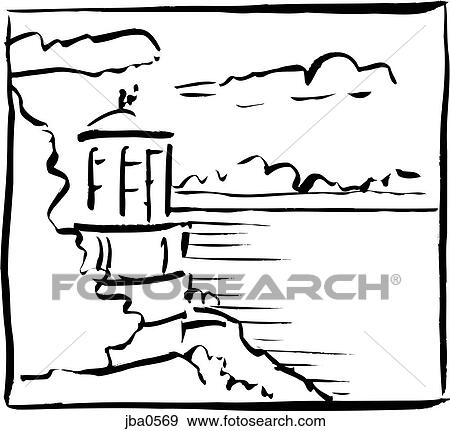 lighthouse on a cliff b&w View Large Illustration Stock Illustration - lighthouse on a cliff b&w. Fotosearch