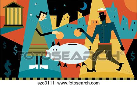 man and woman depositing coins in a piggy bank View Large Illustration Clip Art - man and woman depositing coins in a piggy bank. Fotosearch