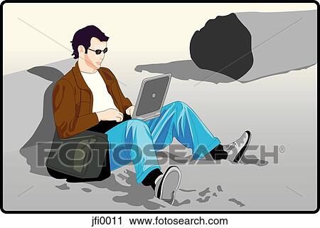Clip Art - man at the beach using a laptop. Fotosearch