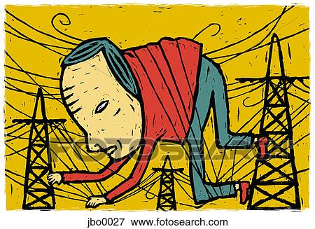 Stock Illustration - man caught in the power lines. Fotosearch