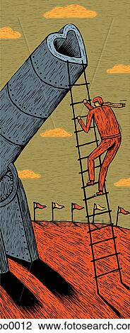 man climbing up a ladder to a heart-shaped cannon View Large Illustration Drawing - man climbing up a ladder to a heart-shaped cannon. Fotosearch