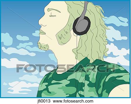 Drawing - man using headphones. Fotosearch