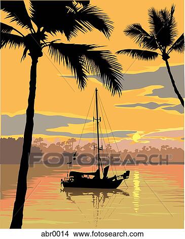 sailboat and palms View Large Illustration Stock Illustration - sailboat and palms. Fotosearch
