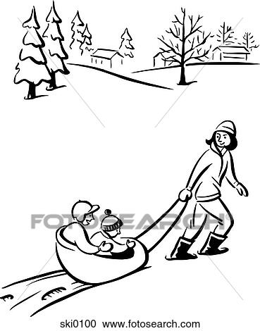 Clipart - sledding b&w. Fotosearch