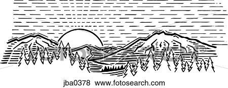 Stock Illustration - sunset in the mountains b&w. Fotosearch