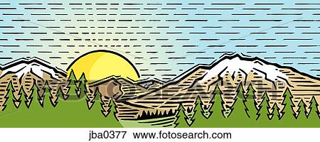 sunset in the mountains View Large Illustration Stock Illustration - sunset in the mountains. Fotosearch