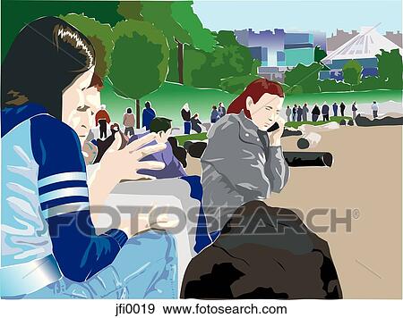 Stock Illustration - talking on the phone at the beach. Fotosearch