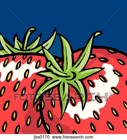 Clipart - two strawberries against a blue background. Fotosearch