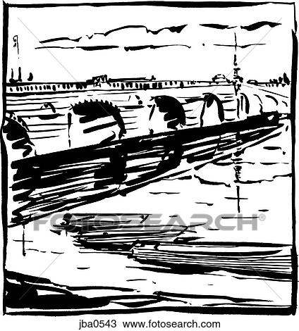 Drawing - water under the bridge b&w. Fotosearch