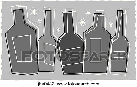 Drawing - wine bottles b&w. Fotosearch