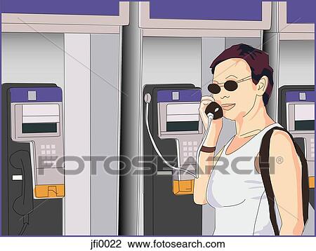 Drawing - woman at a phone booth. Fotosearch