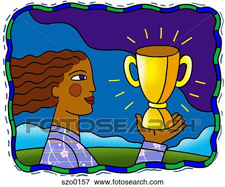 Stock Illustration - woman holding up a trophy. Fotosearch