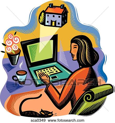 Stock Illustration - woman searching for houses online. Fotosearch