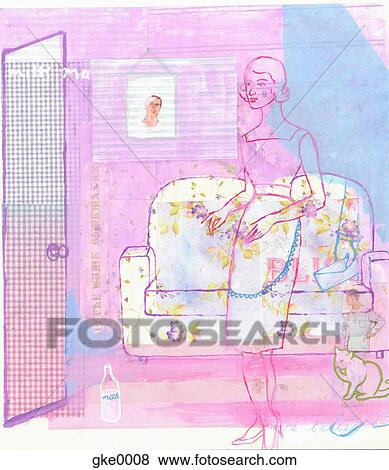 Stock Illustration - woman standing in her living room. Fotosearch