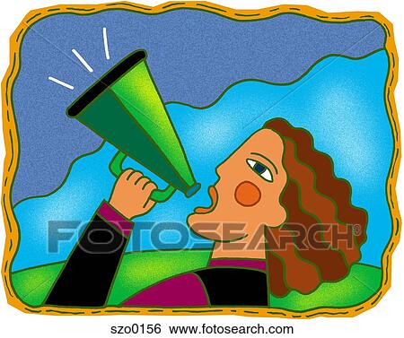 Stock Illustration - woman talking through a megaphone. Fotosearch