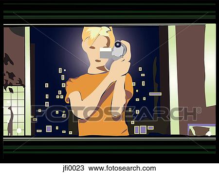 Drawing - woman using a camera. Fotosearch