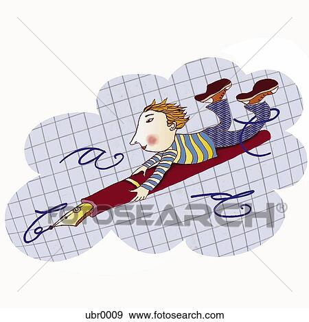 Stock Illustration - boy on a flying pen. Fotosearch