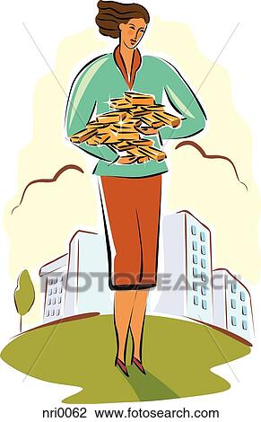 Drawing - businesswoman carrying gold bars. Fotosearch