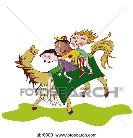 children riding a horse with a book as a saddle View Large Illustration Drawing - children riding a horse with a book as a saddle. Fotosearch