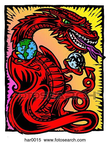 Stock Illustration - dragon holding planets. Fotosearch